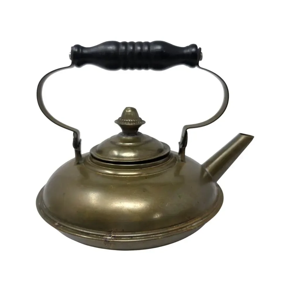 Vintage Brass Tea Kettle Wooden Handle Decorative Tin-Lined Small Teapot